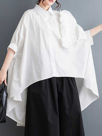 Half Sleeves High-Low Buttoned Pleated Solid Color Three-Dimensional Flower Lapel Blouses&Shirts Tops