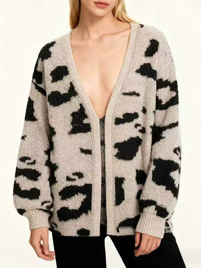 Long Sleeves Loose Contrast Color Leopard Print Cardigan Tops