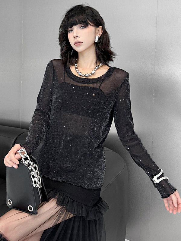 Long Sleeves Loose See-Through Shiny Round-Neck T-Shirts Tops
