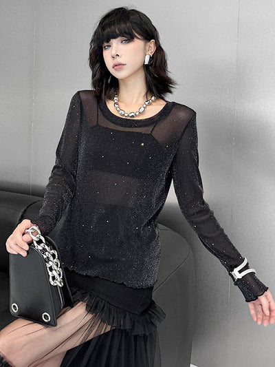 Long Sleeves Loose See-Through Shiny Round-Neck T-Shirts Tops