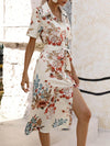 A-Line Loose Buttoned Flower Print Tied Waist Lapel Midi Dresses