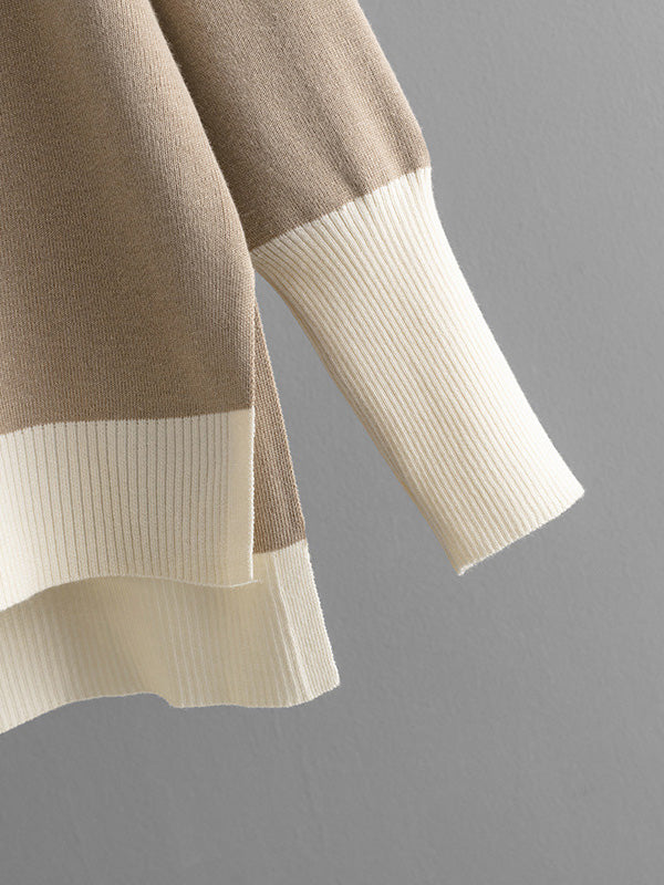 High-Low Contrast Color Split-Side V-Neck Sweater Tops + Elasticity Pants Trousers Two Pieces Set