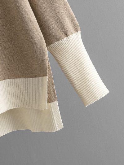 High-Low Contrast Color Split-Side V-Neck Sweater Tops + Elasticity Pants Trousers Two Pieces Set