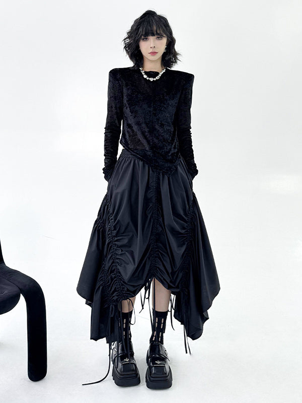 A-Line Elasticated Waist Asymmetric Drawstring Pleated Solid Color Skirts Bottoms