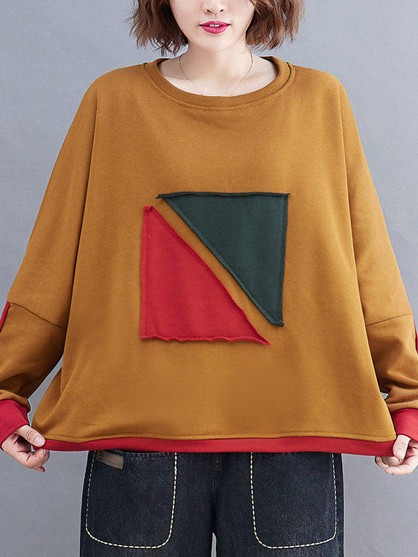 Artistic Retro Loose Triangle Applique Contrast Color Round-Neck Long Raglan Sleeves Sweatshirt