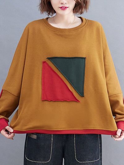 Artistic Retro Loose Triangle Applique Contrast Color Round-Neck Long Raglan Sleeves Sweatshirt