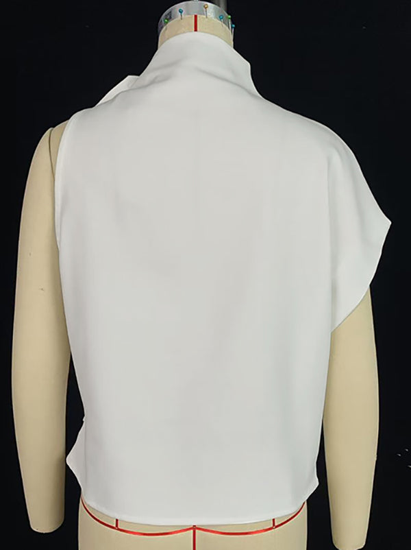 Loose Sleeveless Asymmetric Flower Print Mock Neck Vest Top