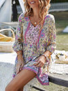A-Line Loose Buttoned Contrast Color Flower Print Pleated V-Neck Mini Dresses
