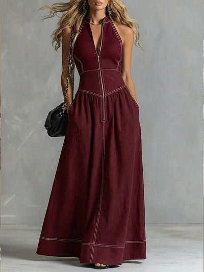 A-Line High Waisted Pleated Pockets Solid Color Zipper Stand Collar Maxi Dresses