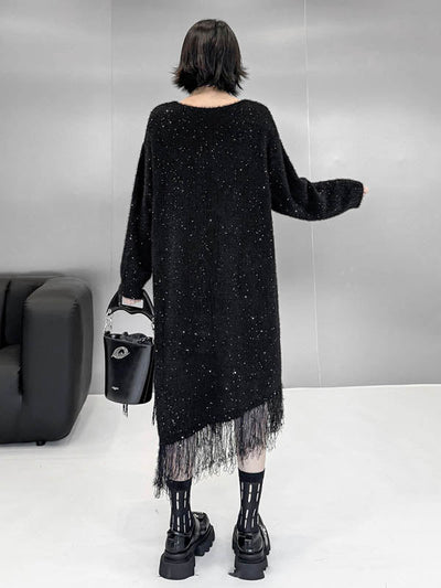 Irregularity Long Sleeves Contrast Color Sequined Shiny Split-Joint Tasseled V-Neck Midi Dresses Sweater Dresses