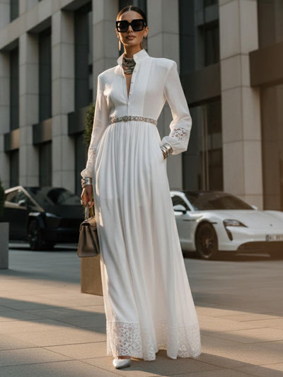 A-Line High Waisted Belted Buttoned Hollow Pleated Pockets Solid Color Split-Joint Stand Collar Maxi Dresses Shirt Dress