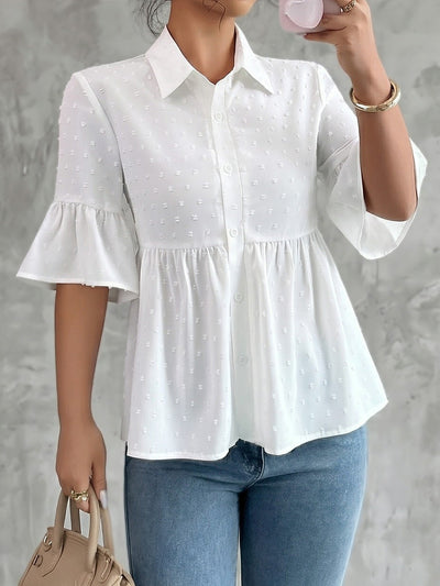 A-Line Flared Sleeves Buttoned Jacquard Pleated Solid Color Lapel Blouses&Shirts Tops