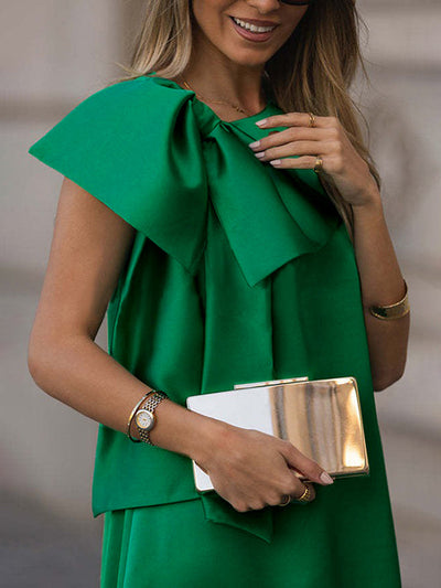 Sleeveless Bowknot Pleated Split-Joint Round-Neck Maxi Dresses