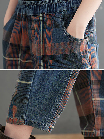 Original Artistic Retro Plaid Jean Pants