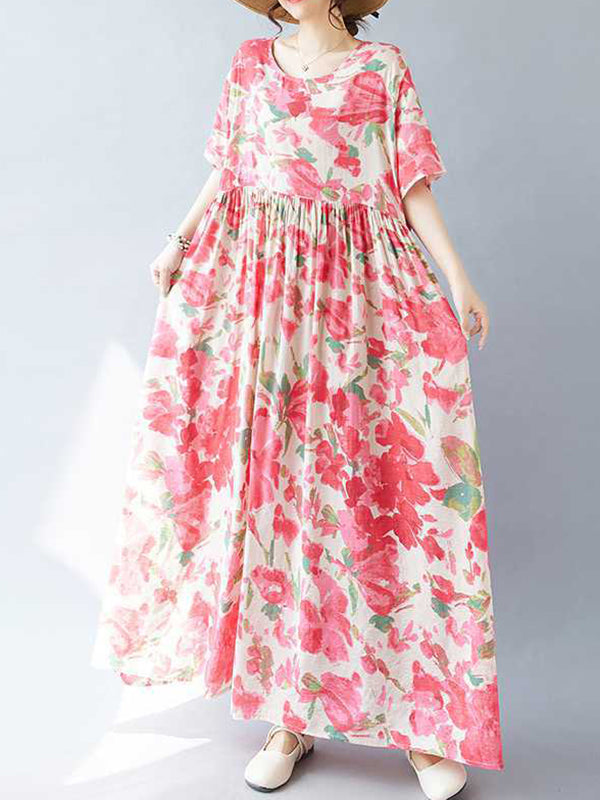 A-line Batwing Sleeves Flower Print Pleated Split-Joint Round-neck Midi Dresses