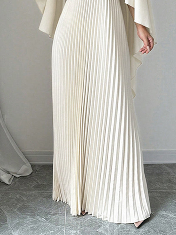 Cape Loose Floral Printed Pleated Split-Joint Round-Neck Evening Dresses Maxi Dresses