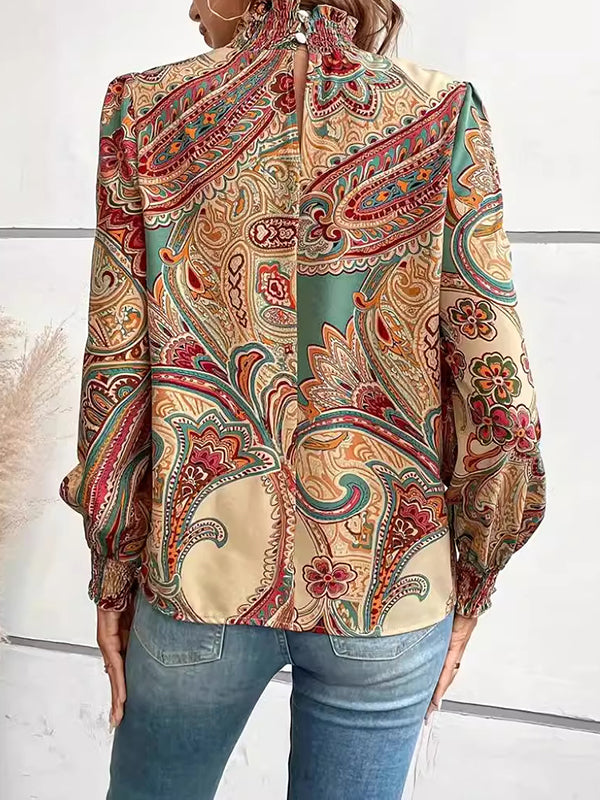 Long Sleeves Loose Buttoned Elasticity Flower Print Hollow Split-Joint Mock Neck Blouses&Shirts Tops