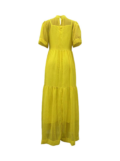 Loose Plus Size Mesh Pleated Solid Color Split-Joint Mock Neck Maxi Dresses Two Pieces Set