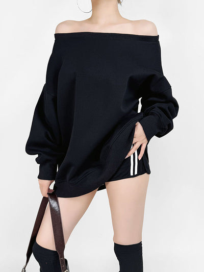Long Sleeves Loose Solid Color Split-Joint Round-Neck Sweatshirt Tops