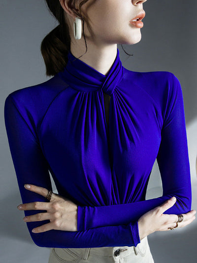 Long Sleeves Plus Size Hollow Mesh Pleated See-Through Solid Color Twist Half Turtleneck Blouses&Shirts Tops