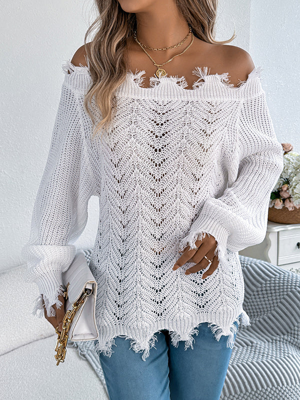 Long Sleeves Hollow Knitted Leaves Ribbed Knit See-Through Solid Color Off-The-Shoulder Sweater Tops