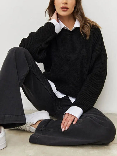 Long Sleeves Loose Solid Color Split-Joint Round-Neck Sweater Tops