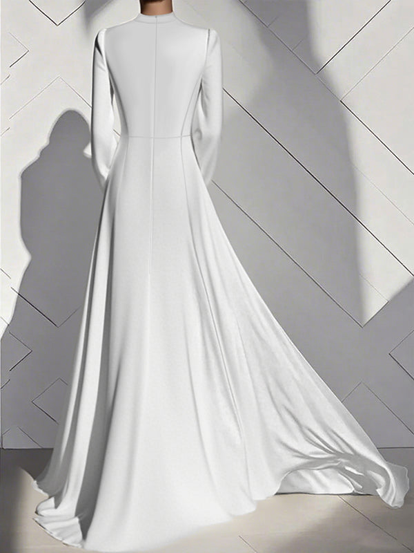 A-Line High Waisted Pleated Solid Color Zipper Mock Neck Maxi Dresses