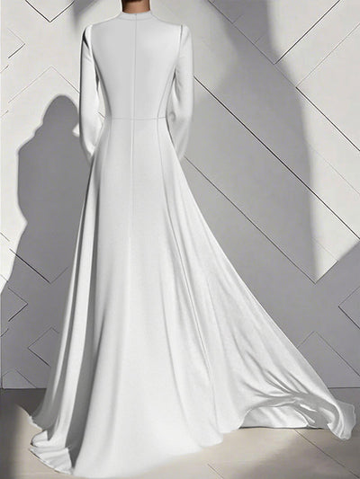 A-Line High Waisted Pleated Solid Color Zipper Mock Neck Maxi Dresses