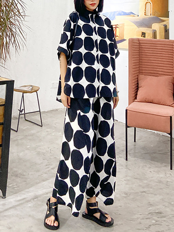 Batwing Sleeves Buttoned Polka-Dot Round-Neck Shirts Top + Elasticity Pockets Harem Pants Pants Bottom Two Pieces Set