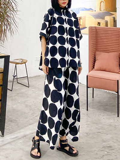 Batwing Sleeves Buttoned Polka-Dot Round-Neck Shirts Top + Elasticity Pockets Harem Pants Pants Bottom Two Pieces Set