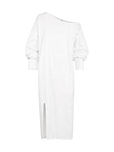 Long Sleeves Loose Solid Color Split-Side One-Shoulder Midi Dresses