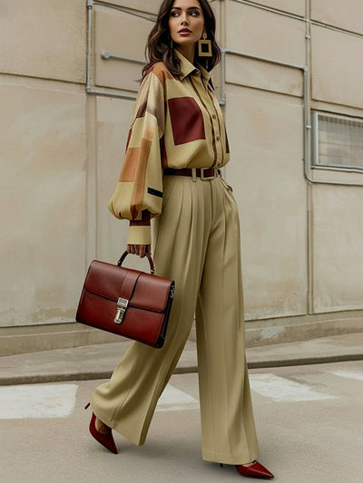 Long Sleeves Loose Buttoned Contrast Color Plaid Lapel Blouses&Shirts Tops