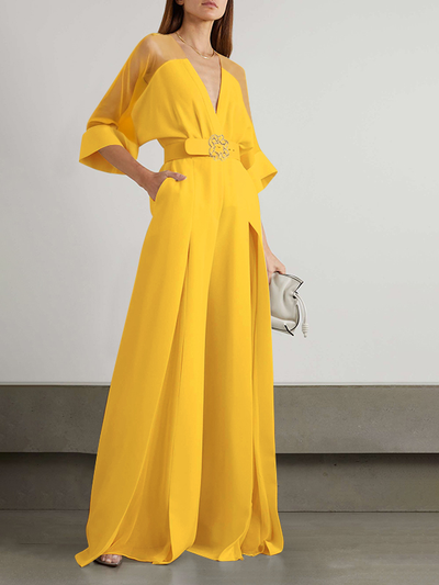 Solid Color Split-Front Contrast Color Tied Waist High Waisted V-Neck Jumpsuits