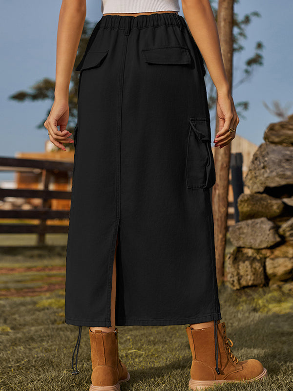 A-Line Loose Drawstring Elasticity Pockets Solid Color Split-Back Skirts Bottoms