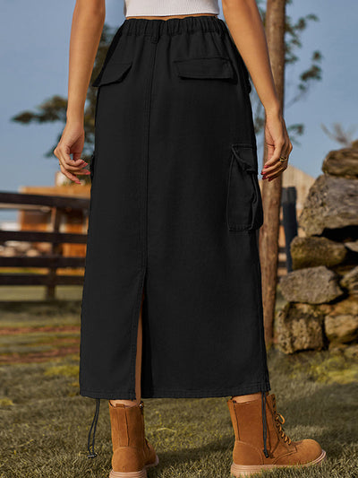 A-Line Loose Drawstring Elasticity Pockets Solid Color Split-Back Skirts Bottoms