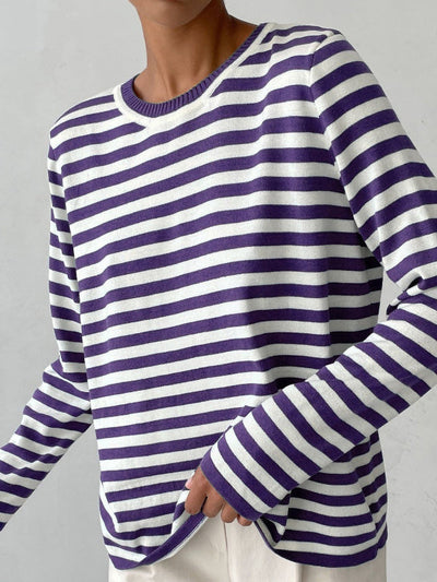 Long Sleeves Loose Split-Joint Striped Round-Neck Sweater Tops