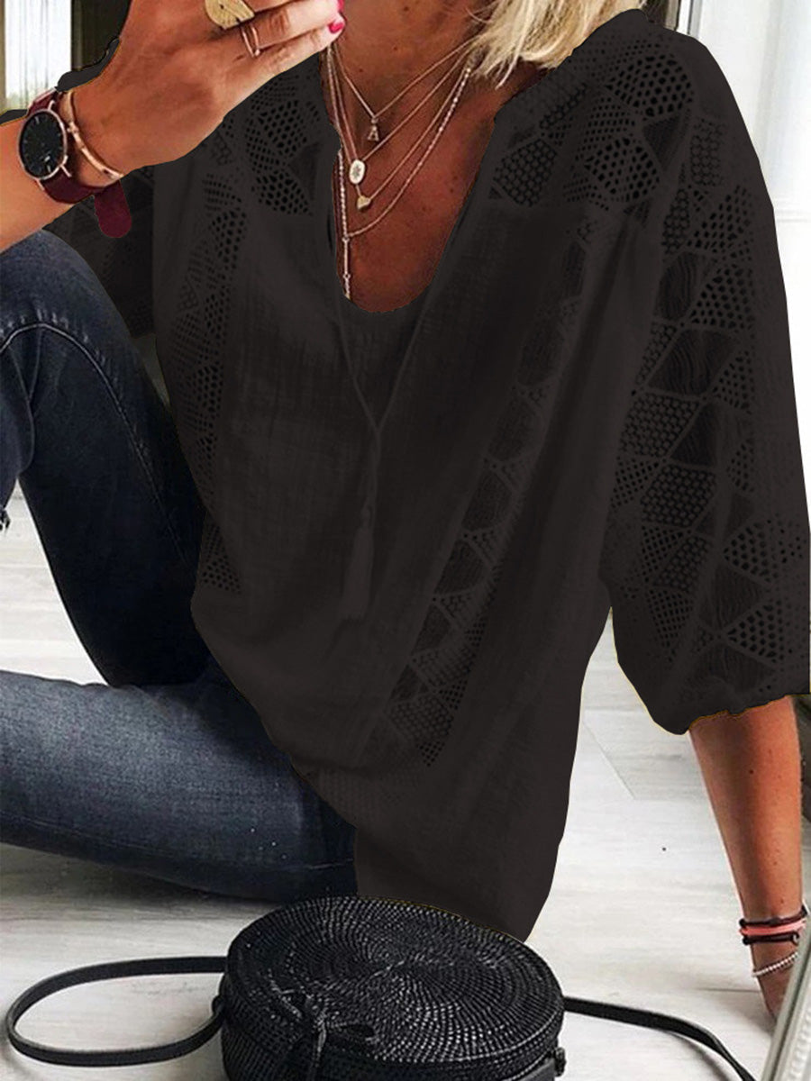 Loose Plus Size Drawstring Hollow Solid Color Split-Joint Tasseled V-Neck Blouses&Shirts Tops