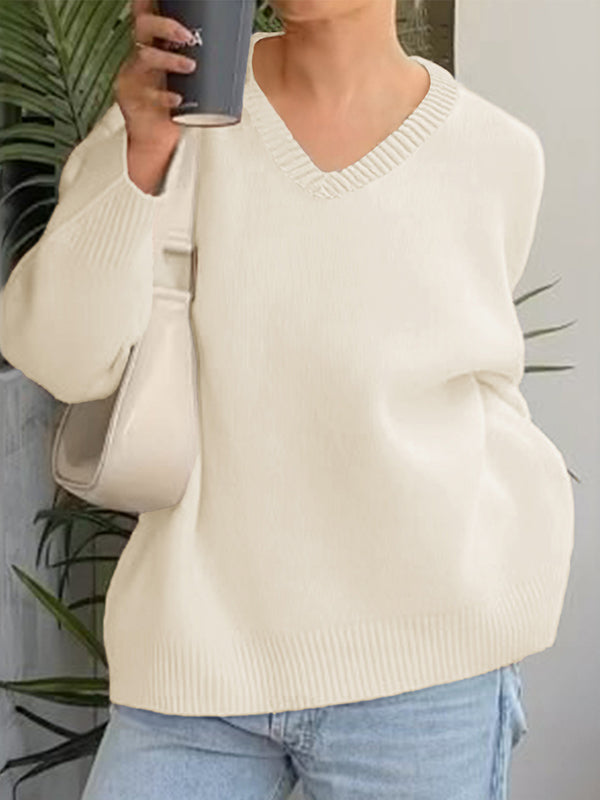 Long Sleeves Loose Ribs Solid Color V-Neck Sweater Tops
