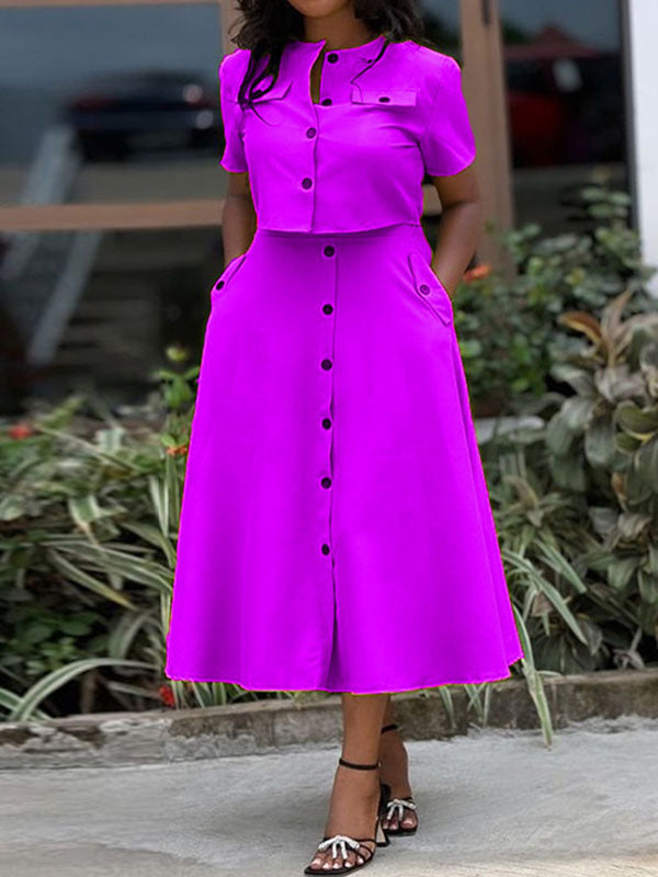 Buttoned Pockets Split-Joint Round-Neck T-Shirt Top + A-Line High Waisted Skirts Bottom Two Pieces Set