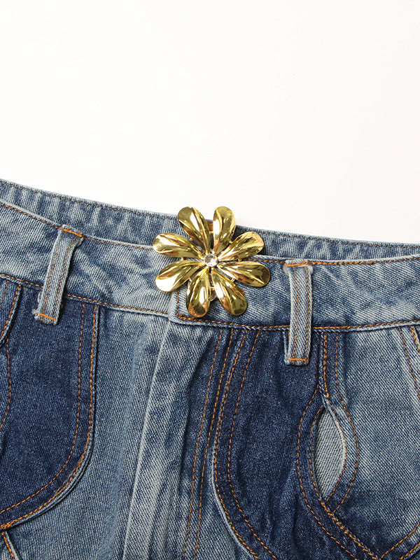 High Waisted Straight Leg Flower Shape Hollow Jean Pants Bottoms