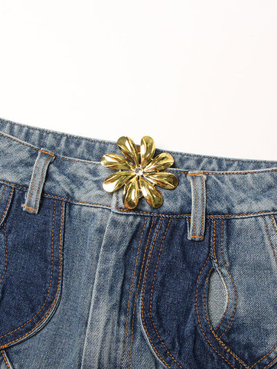 High Waisted Straight Leg Flower Shape Hollow Jean Pants Bottoms