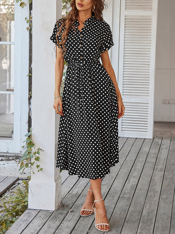 A-Line High Waisted Buttoned Drawstring Polka-Dot V-Neck Midi Dresses