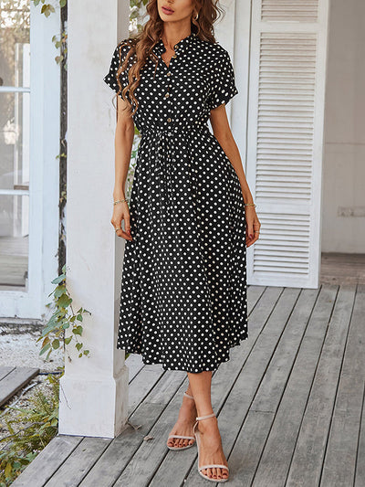A-Line High Waisted Buttoned Drawstring Polka-Dot V-Neck Midi Dresses