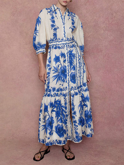 Loose Puff Sleeves Floral Printed Pleated Split-Joint Tied Waist Lapel Maxi Dresses Shirt Dress