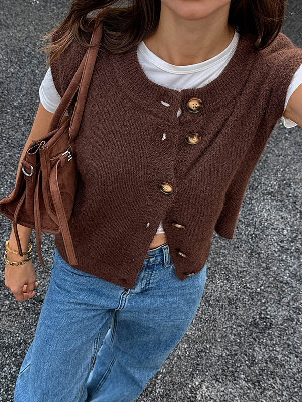 Loose Sleeveless Buttoned Contrast Color Split-Joint Round-Neck Outerwear Vest Top