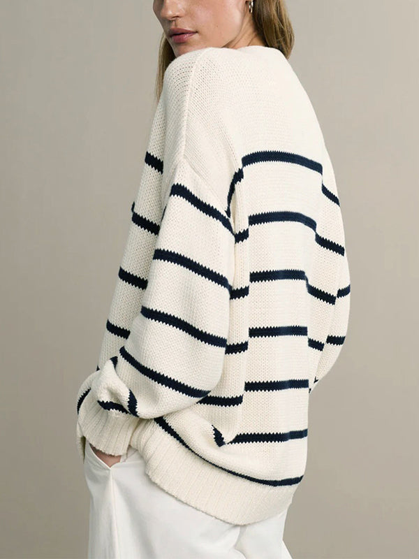 Long Sleeves Loose Split-Joint Striped V-Neck Cardigan Tops