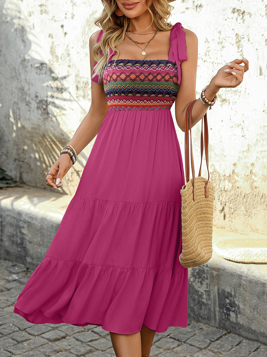 A-Line High Waisted Contrast Color Jacquard Pleated Split-Joint Adjustable Straps Midi Dresses