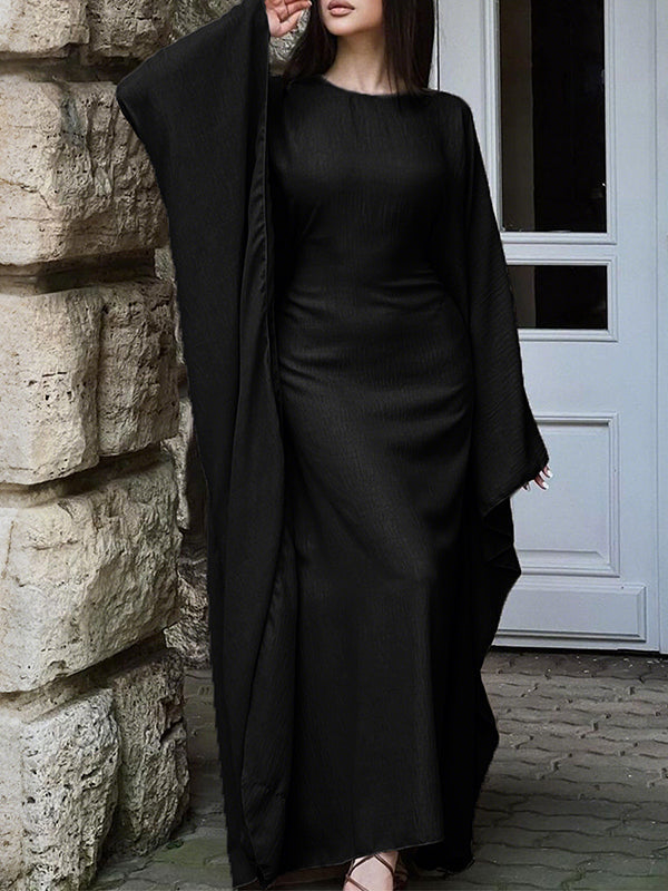 Batwing Sleeves Long Sleeves Solid Color Round-Neck Maxi Dresses