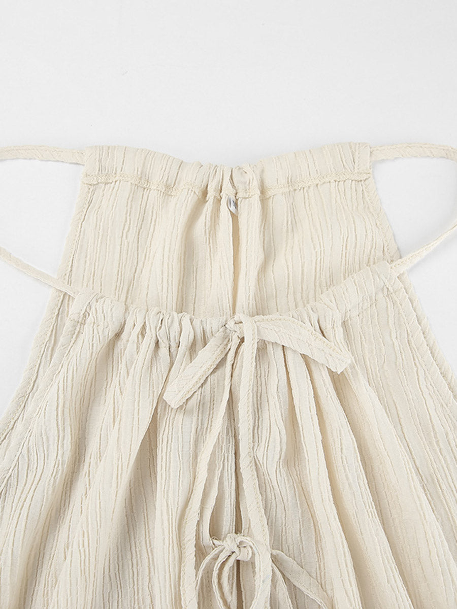 Solid Color Halter-Neck Cropped Pleated Split-Joint Tank Top + High Waisted Elasticity  Tied Waist Pants Trousers Two Pieces Set
