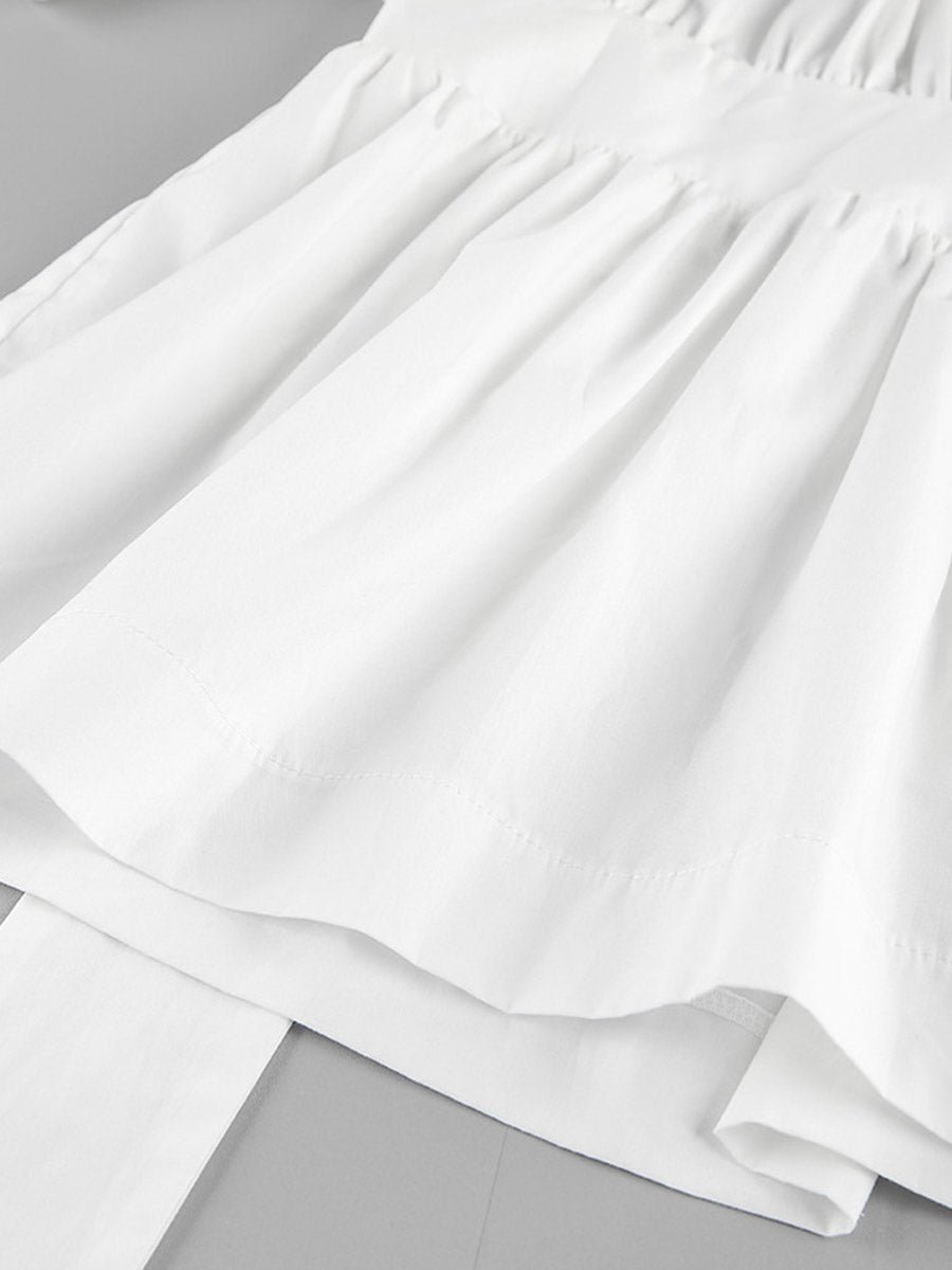 Elasticated Waist High Waisted Pleated Solid Color Split-Joint Tied Waist Round-Neck Blouses&Shirts Tops